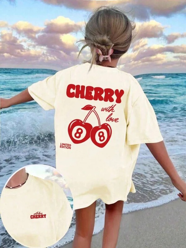 Cherry and number 8 letter print round neck t-shirt for girls, summer casual all-match t-shirt, breathable short-sleeve top Cherry and number 8 letter print round neck t-shirt for girls, summer casual all-match t-shirt, breathable short-sleeve top