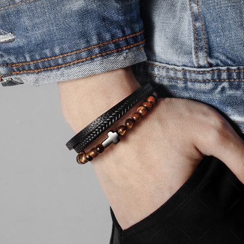 Cross Bracelet Men Titanium Steel Multi-layer Woven Leather Bracelet Stainless Steel Natural Tiger Eye Agate Cross 