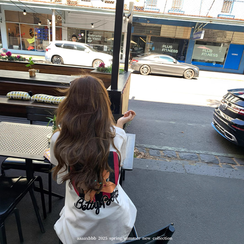 Betty's New Two-Tone Cotton Printed Short-Sleeve Fashionable Long-Sleeve Versatile Slimming Black and White T-Shirt