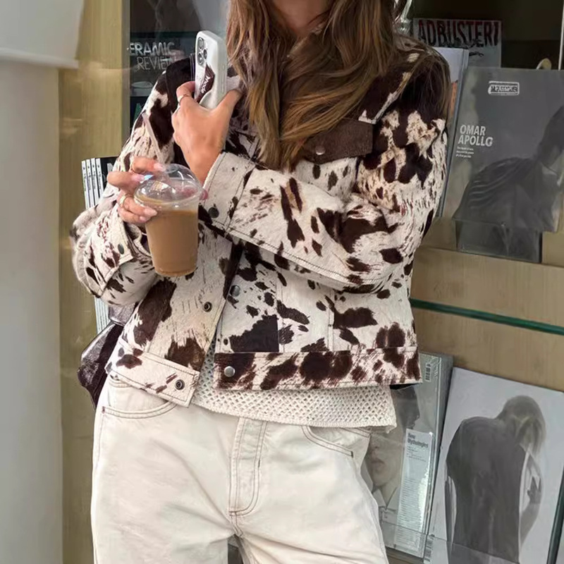 Cross-Border Western Style Retro Lapel Single-Breasted Cow Pattern Faux Leather Short Loose Jacket for Women Spring and Autumn Cross-Border Western Style Retro Lapel Single-Breasted Cow Pattern Faux Leather Short Loose Jacket for Women Spring and Autumn