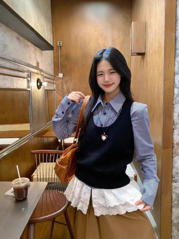 韩系气质花边拼接衬衫女秋季超好看显瘦长袖格纹衬衣百搭修身上衣|undefined