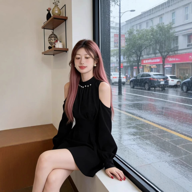 Korean Style Off-Shoulder Little Black Dress, Early Spring Jacket, Hot Girl Dress, Women's Waist-Cinching One-Shoulder Puffy Skirt, Sweet and Fashionable