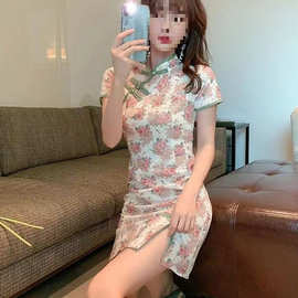 性感风碎花盘扣改良版旗袍连衣裙高级感女夏小个子修身开叉超短裙