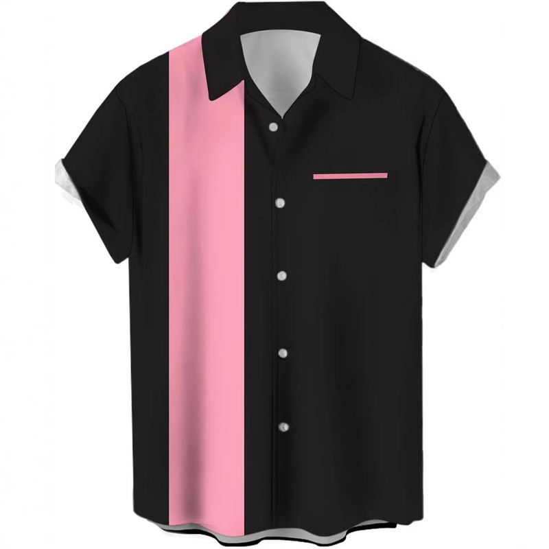 Amazon Cross-border Men's Color-Block Patchwork Short-Sleeve Shirt, Retro Bowling Shirt, Casual Button-Down Short-Sleeve Shirt