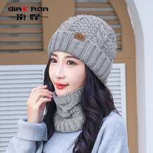 冬季麻花加绒帽子围脖套装女士防寒保暖针织帽护耳套头毛线帽跨境