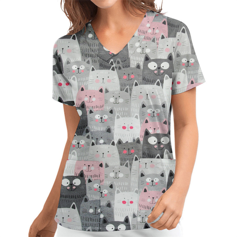 Top women's T-shirt V-neck nurse clothing retro Harajuku leisure Europe and the United States cross-border source direct sales AliExpress Amazon