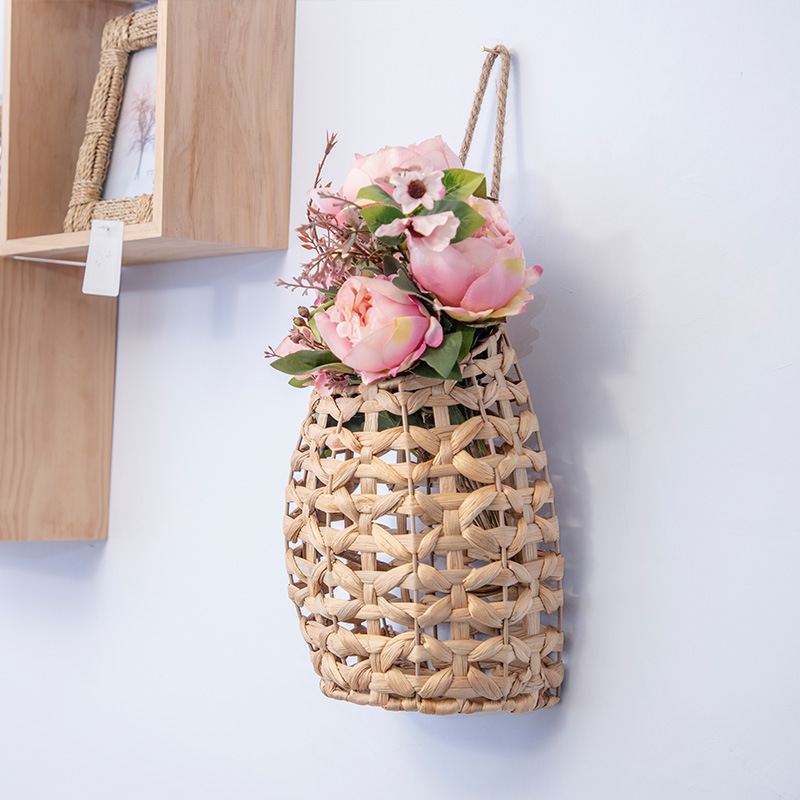Cestas de flores portátiles tejidas a mano tejidas de paja pequeñas macetas colgadas de pared de caña tejidas cestas colgadas de calabaza de agua colgadas de hierba flor seca vasos