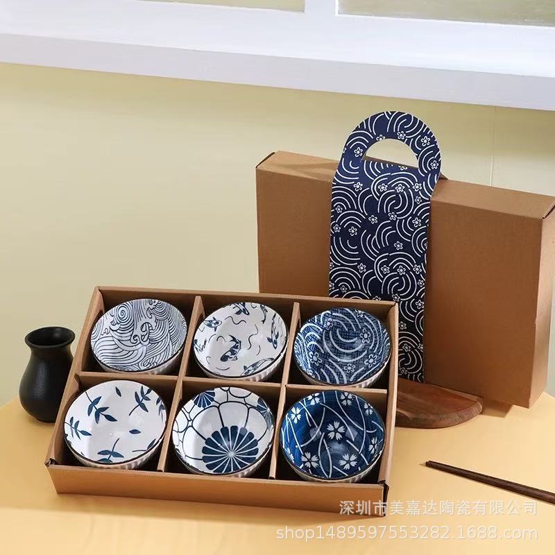 Regalo bohemio tazón de cerámica y palillos traje al por mayor tazón y plato traje hogar tazón de arroz vajilla conjunto tazón caja de regalo traje