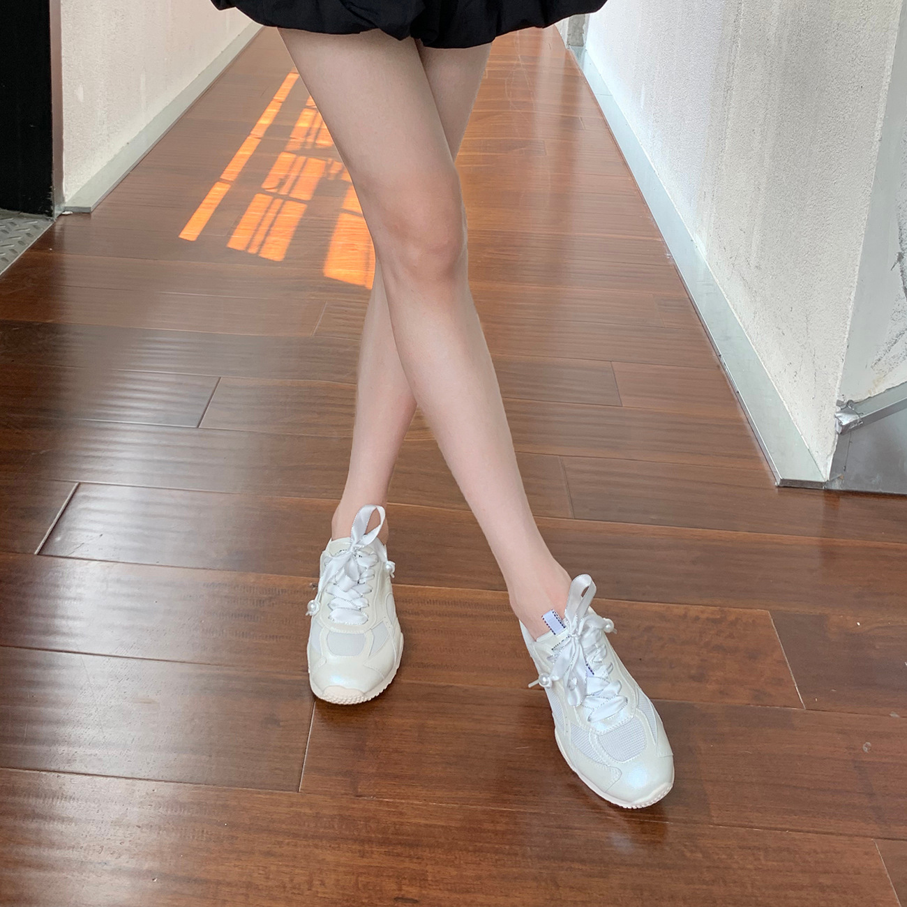 Versión de piel de oveja ~ cuero plano superficie de malla transpirable ligera versátil ballet zapatos deportivos casuales zapatos de entrenamiento de mujeres zapatos Agan