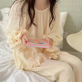 韩国外贸女士秋季新款家居服可爱韩版棉纱露肩睡衣长袖套装带发圈