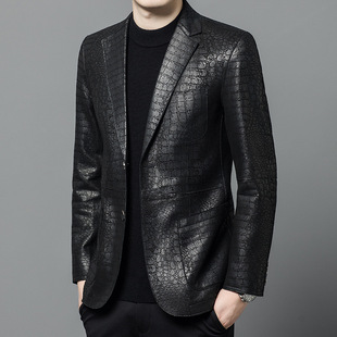 Haining New Top Layer Oil Wax Genuine Leather Suit Collar Sheepskin Men's Leather Jacket Business High-end Men's Clothing