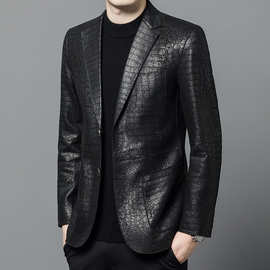 海宁新款头层油蜡真皮皮衣西装领绵羊皮男士皮夹克商务高级感男装