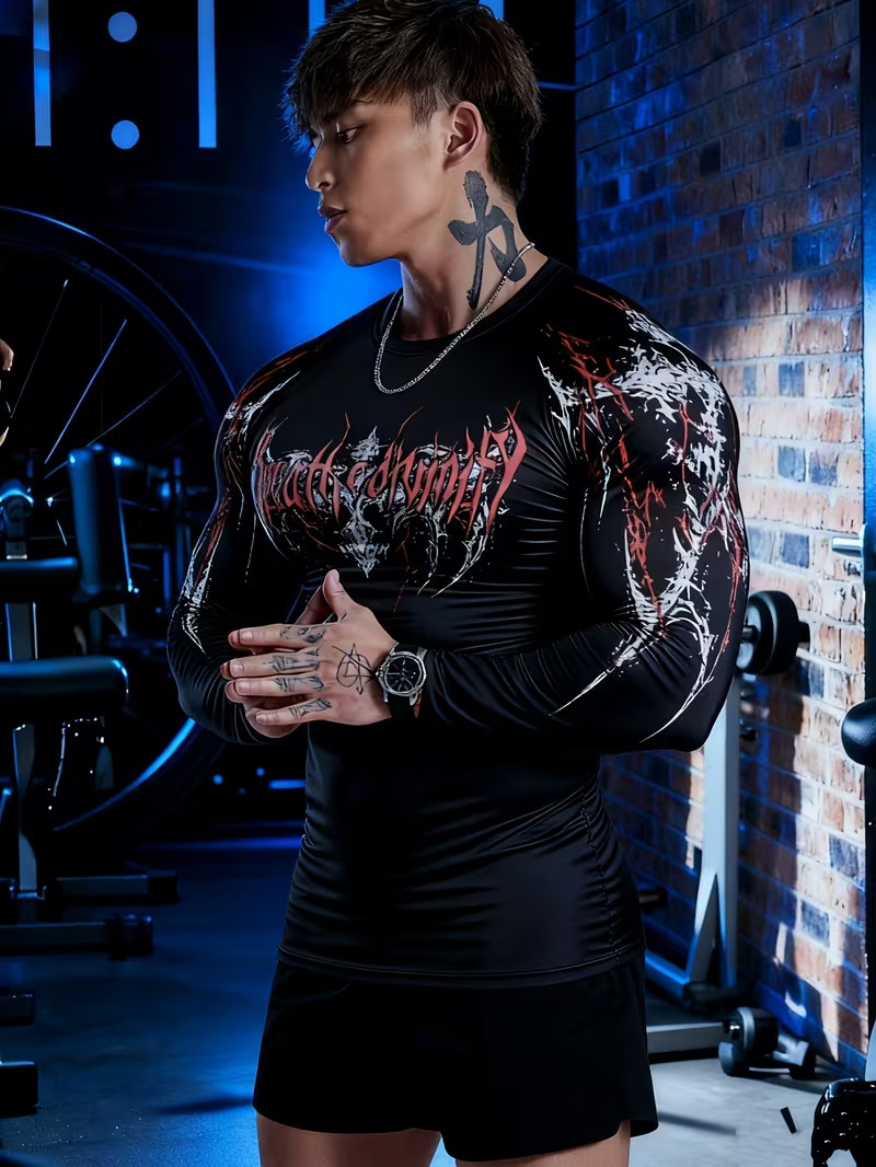 Men's Dark Style Skull And Thorn Print Long Sleeve T-Shirt Tight Fitting Quick Drying Fitness Sportswear American High Street_viptrois.com