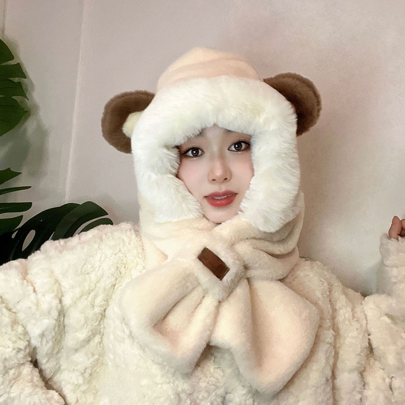 韓国版の熊のマスクのマフラーの一体の帽子のかわいい耳のぬいぐるみの学生の冬の保温は帽子をかぶせて代行します。|undefined