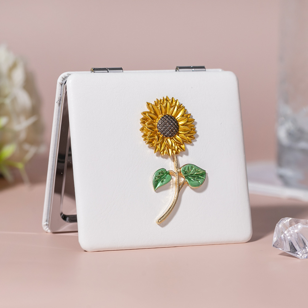 迷你PU皮小镜子补妆镜一举夺魁向日葵双面折叠随身化妆镜女士礼物