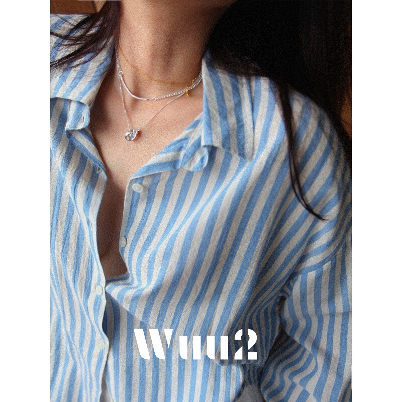 Wuu2 Endless Summer Soft and Waxy Blue Striped Cotton and Linen Shirt Women's Lazy French Casual Loose Retro Shirt