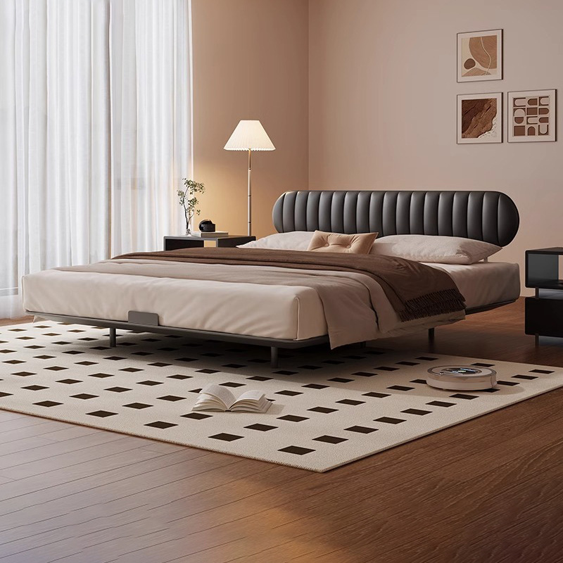 Cama de acero al carbono ultra delgada con respaldo cama flotante de estilo medieval cama de cuero negro retro cama de cuero nueva