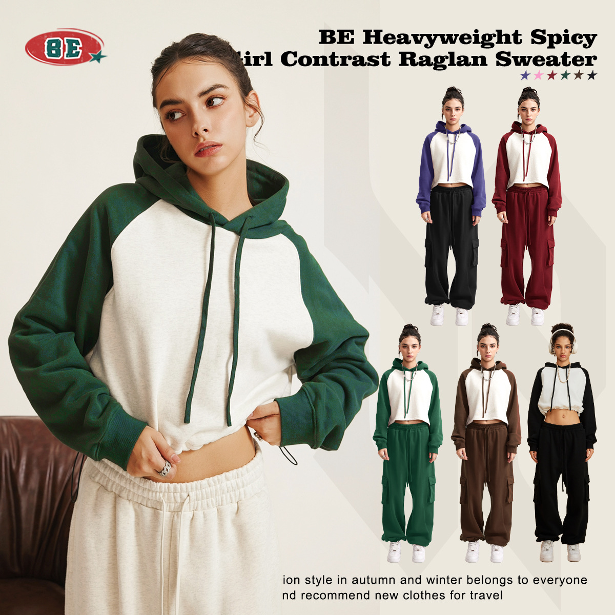BE ropa de mujer 2023 otoño e invierno Color de contraste americano Raglan BM estilo corto chica caliente suéter con capucha chica caliente marca de moda con capucha para mujeres