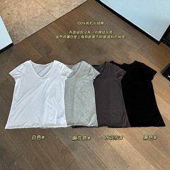 032804春の新型日常経典百合カジュアル通勤怠惰でゆったりした純色vネック半袖tシャツ上着