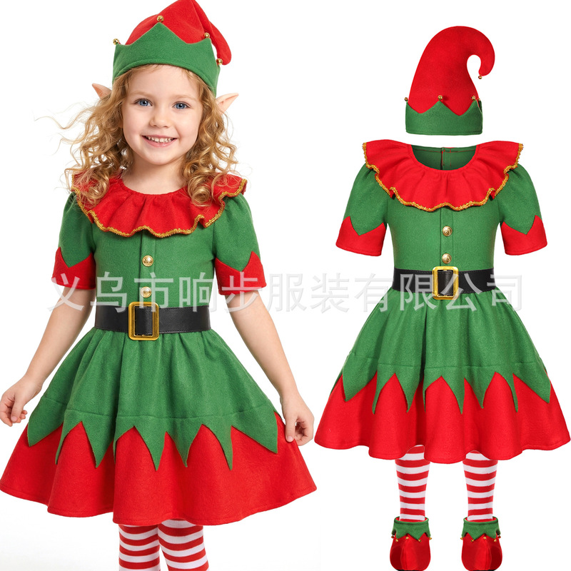 Girls' Elf Costumes Christmas Red and Green Color Matching Outfits Holiday Party Theme Performance Cosplay European and American Fantasy