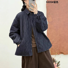 2025冬季新款 牛仔棉衣女 复古宽松翻领夹棉保暖牛仔外套 5305