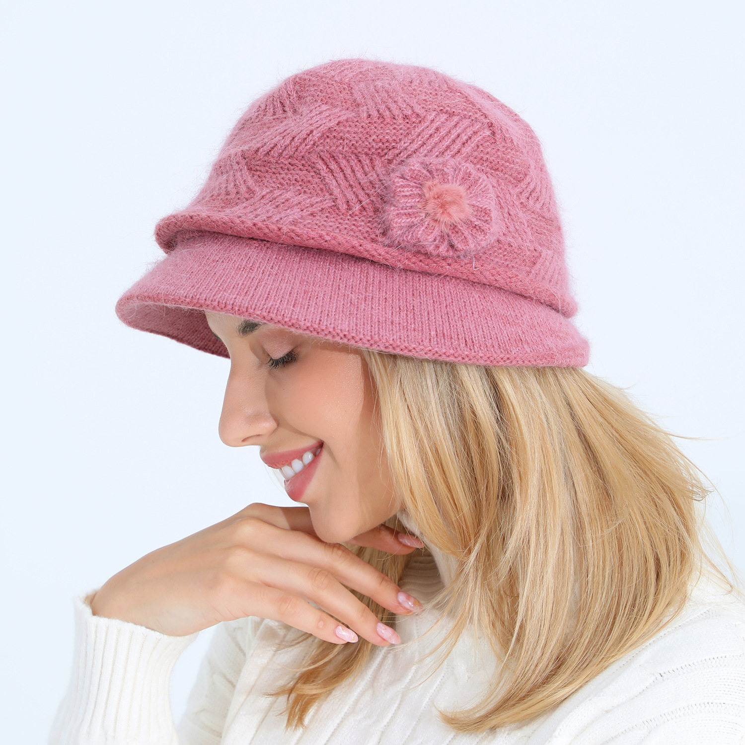 Gestrickte Damen Mütze Mit Kaninchenhaar Warm Für Den Winter_voghion.com