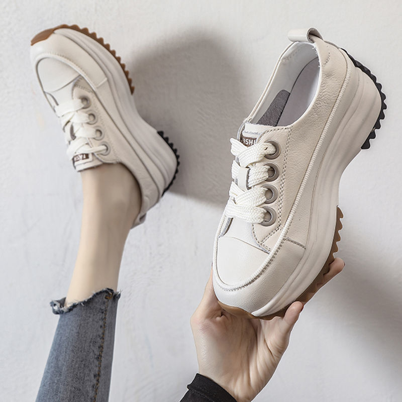 Genuine Leather White Shoes for Women 2025 Spring and Autum New Versatile Thick-Soled Women's Shoes Korean Style Student Heightening Sports Shoes for Women