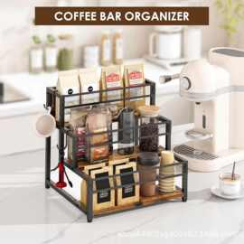 铁艺结合多层红酒展示架木制厨房香料置物架多用途阶梯式整理架