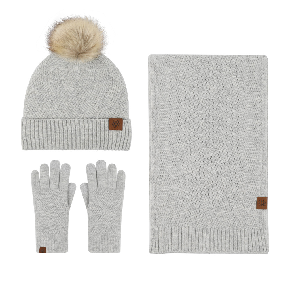 New Solid Color Wool Warm Hat Scarf Glove 3-piece Set Anti Cold Wool Ball And Velvet Knitted Set Women's Christmas Gift_voghion.com