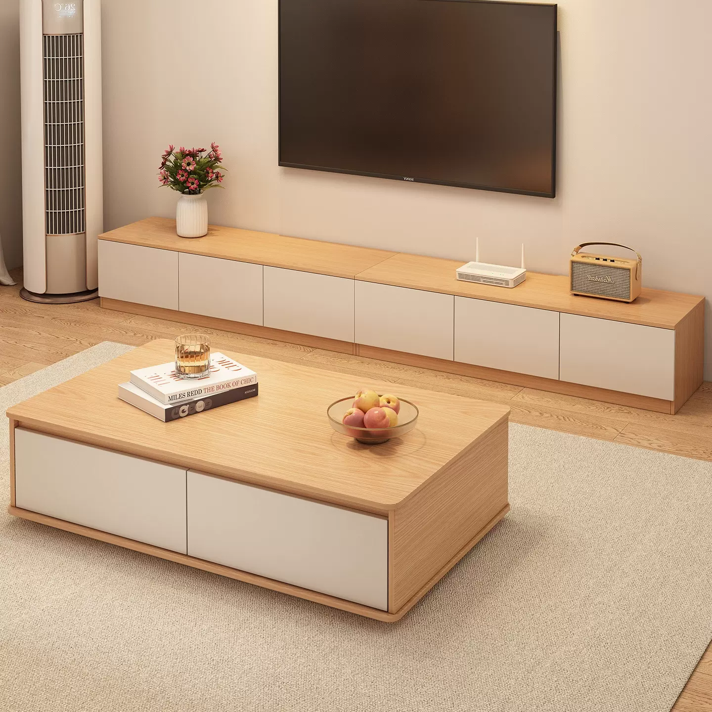 茶几客厅家用2025新款原木风桌子简约小户型落地桌电视柜茶几套装