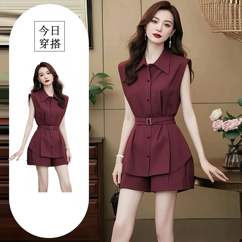 Cross-Border Black Sleeveless Slim Fashion Suit for Women in Summer Hot Style Lapel Waist Slimming Shirt + High Waist Shorts