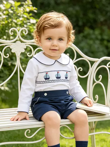 In-Stock Autumn New Boys' Long-Sleeve Shorts Set Children's British-Style Embroidered Sailboat Spanish Two-Piece Set