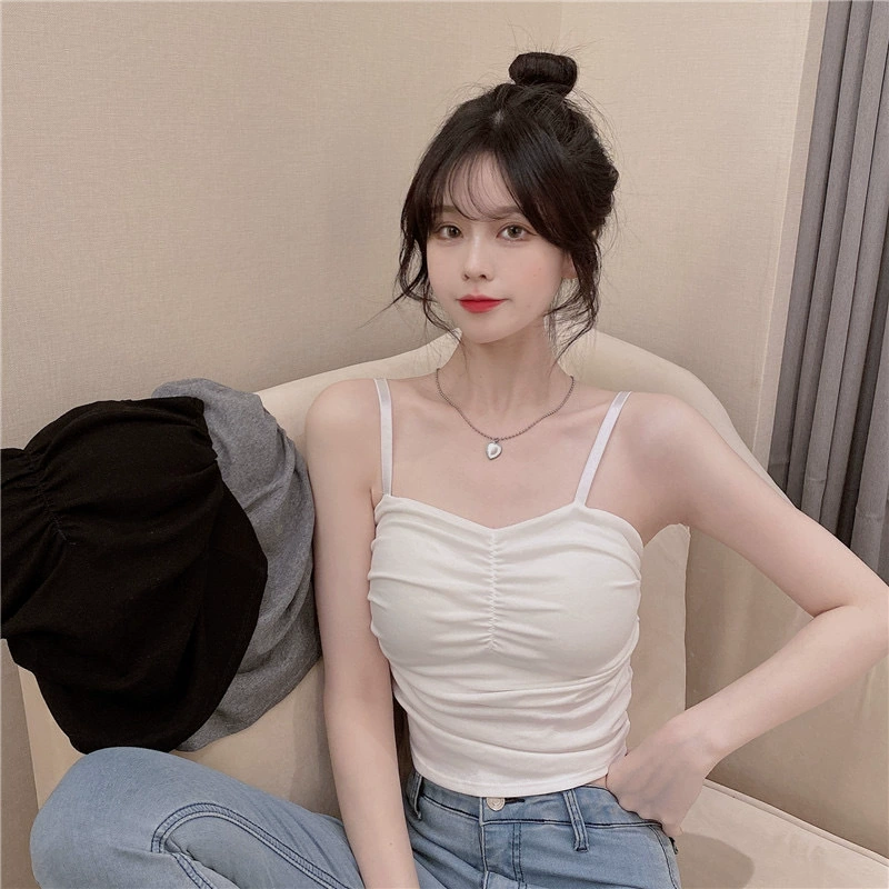 Женская камзол из чистого хлопка, внутренняя одежда, цельная подушка для груди, красивый дизайн спинки, нишевый плиссированный Базовый Топ