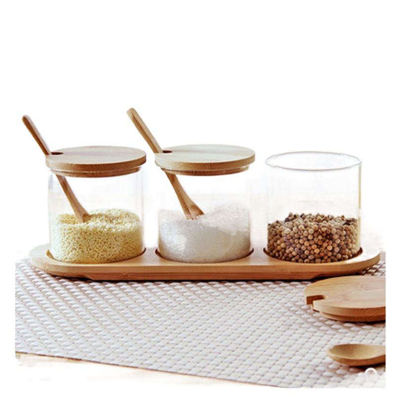 Cocina vidrio condimento tarro condimento caja vidrio tres piezas traje condimento botella combinación aceite y sal tarro