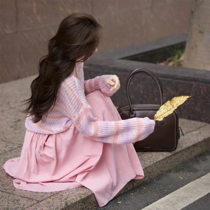粉色条纹连衣裙子套装女2025新款春秋季韩系氛围感穿搭高级感长裙|undefined