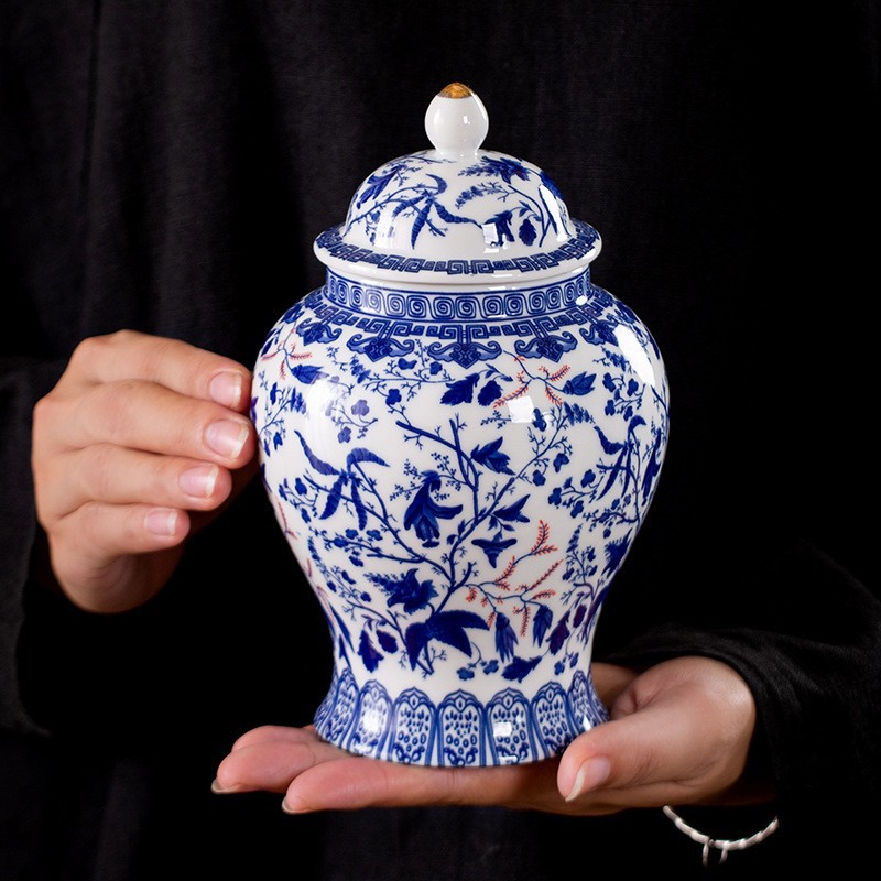 Latas de té transfronterizas de estilo antiguo chino, material de pila de cerámica Qinghua más grande, latas de sellado de cerámica general, almacenamiento a prueba de humedad doméstico
