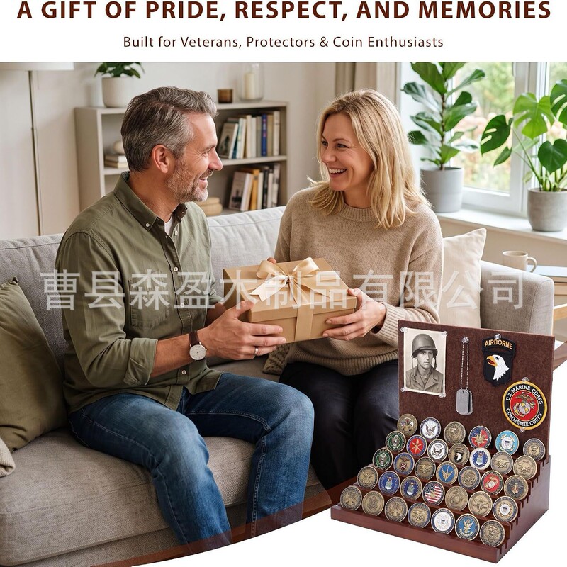 Wooden challenge display stand, tiered three-layer commemorative medal organizer with photo board and honor coin holder