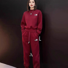 时尚高级感小香风春秋红色过年加厚加绒卫衣休闲运动套装女秋冬季