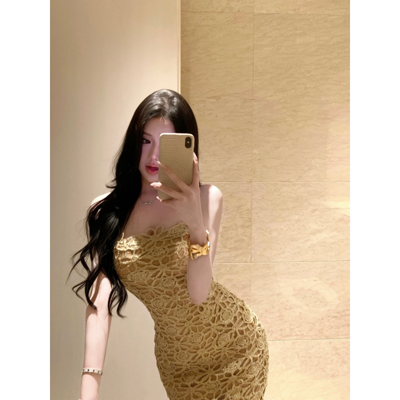 Xin Keda Champagne Gold Hollow-Out French-Style Elegant Spaghetti Strap Dress, Niche Slim-Fit Slit Gown Long Dress