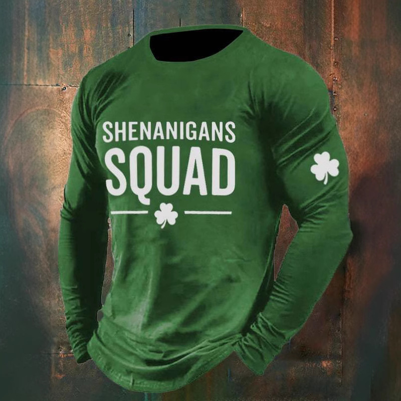 25 years of cross-border foreign trade men's long sleeve T-shirt Irish clover 3D print St. Patrick's Day letters
