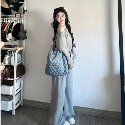设计感斜肩卫衣套装女春秋季时尚显瘦宽松韩版学生休闲运动两件套|undefined