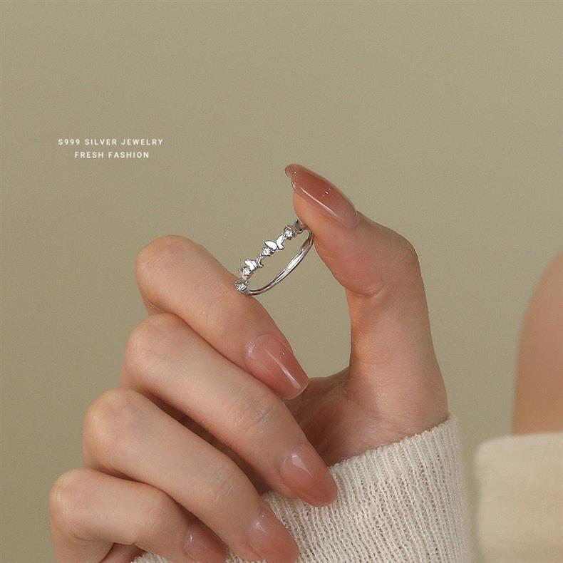 Waldschmetterlingsring für Damen, 999 reines Silber, High-End vielseitig, klein und frisch, verstellbar, Fuß Silber funkelnd_voghion.com