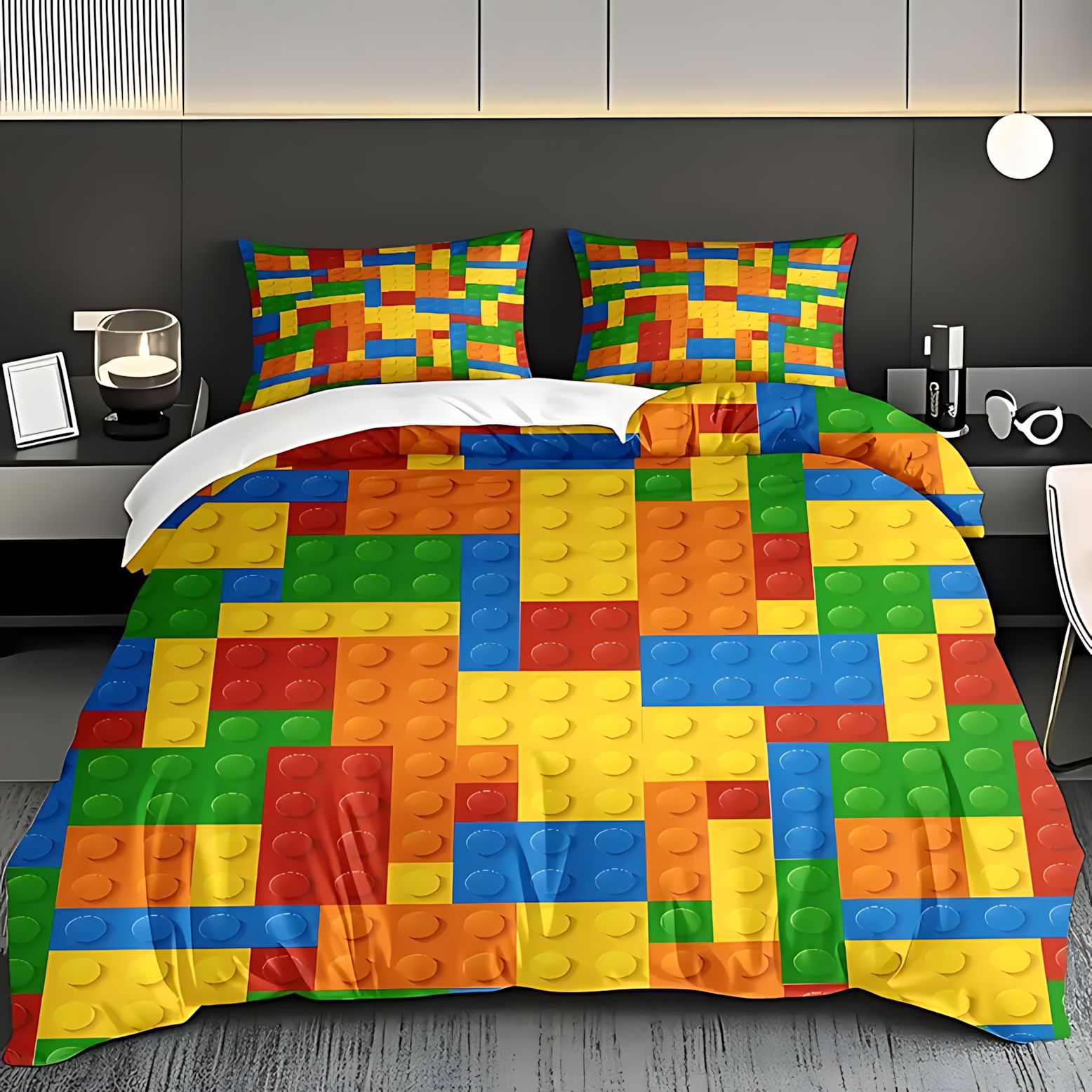 TEMU / JIT comercio exterior bloques de construcción coloridos enclavamiento de alta definición impresión digital abrasión colcha de cama set