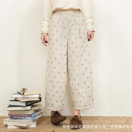 2025新款民族风波点刺绣松紧腰棉麻直筒裤 复古宽松显瘦休闲棉裤