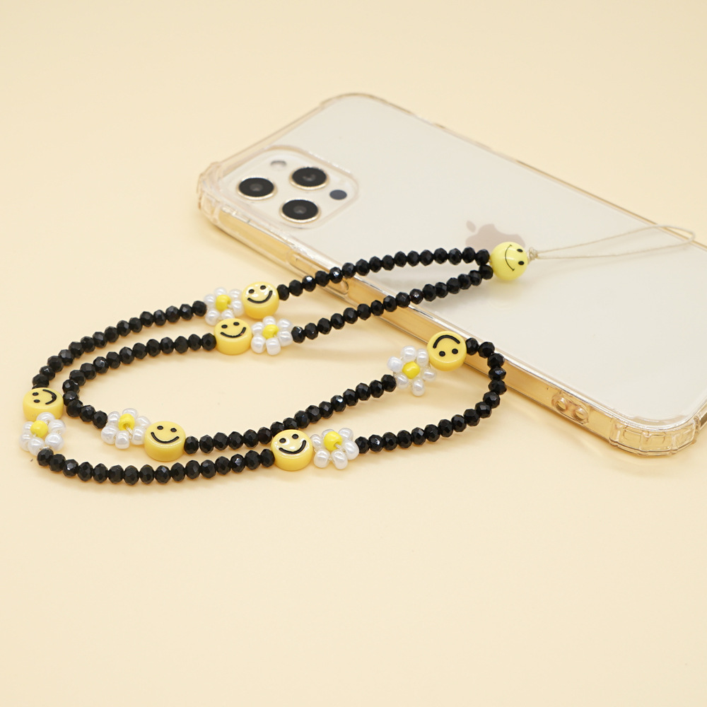 Black Crystal Beads Personality Small Daisy Yellow Smiley Face Mobile Phone Chain display picture 2