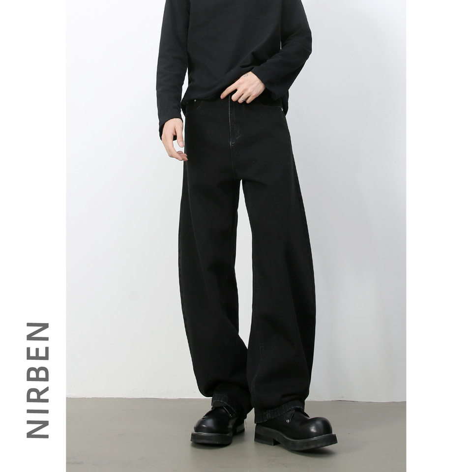 Quần jean nam ống rộng dáng suông cạp vừa phong cách đường phố — Denim đen, Làm cũ, Màu trắng, Màu xanh lam