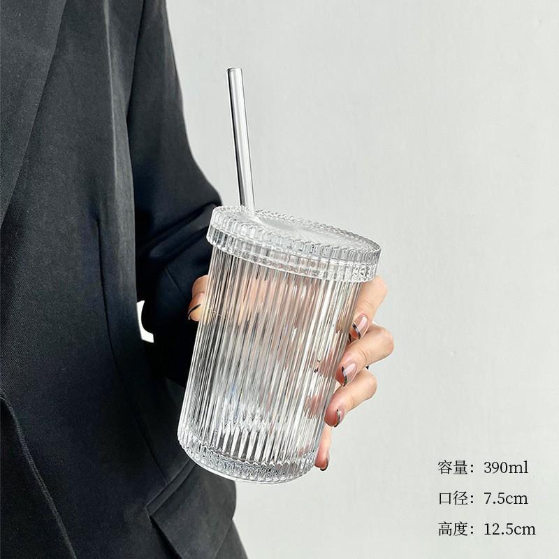 Viento a rayas taza de paja con tapa de cristal simple taza de agua taza del hogar taza de bebida taza de leche taza de desayuno jugo