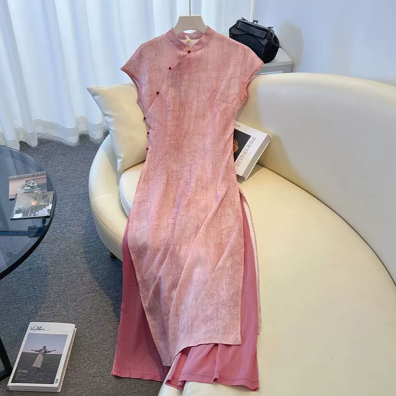 Универсальное миниатюрное платье в японском стиле, розовый Zen Cheongsam, широкие брюки, элегантный комплект из двух предметов