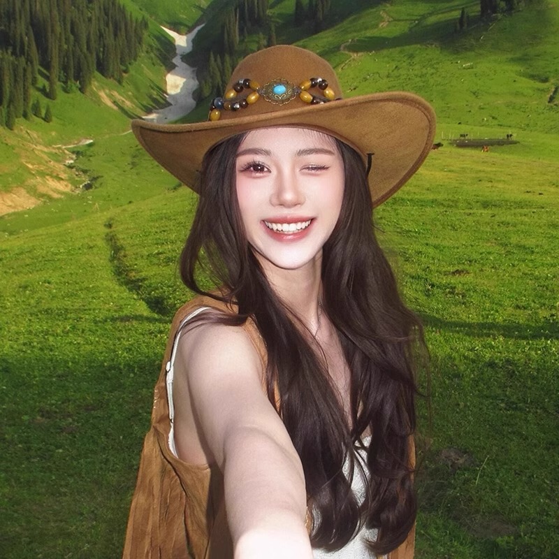 Ethnic Style Western Cowboy Hat for Women in Summer Xinjiang Xizang Sichuan West Travel Wear Mountaineering Hat Sun Protection Hat