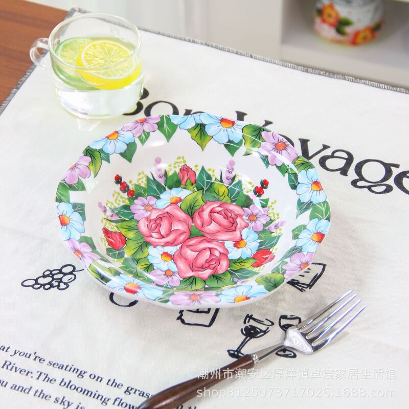 New Chinese-style pastoral rose garden series high-temperature porcelain underglaze colored soup plates and serving dishes for everyday home use New Chinese-style pastoral rose garden series high-temperature porcelain underglaze colored soup plates and serving dishes for everyday home use